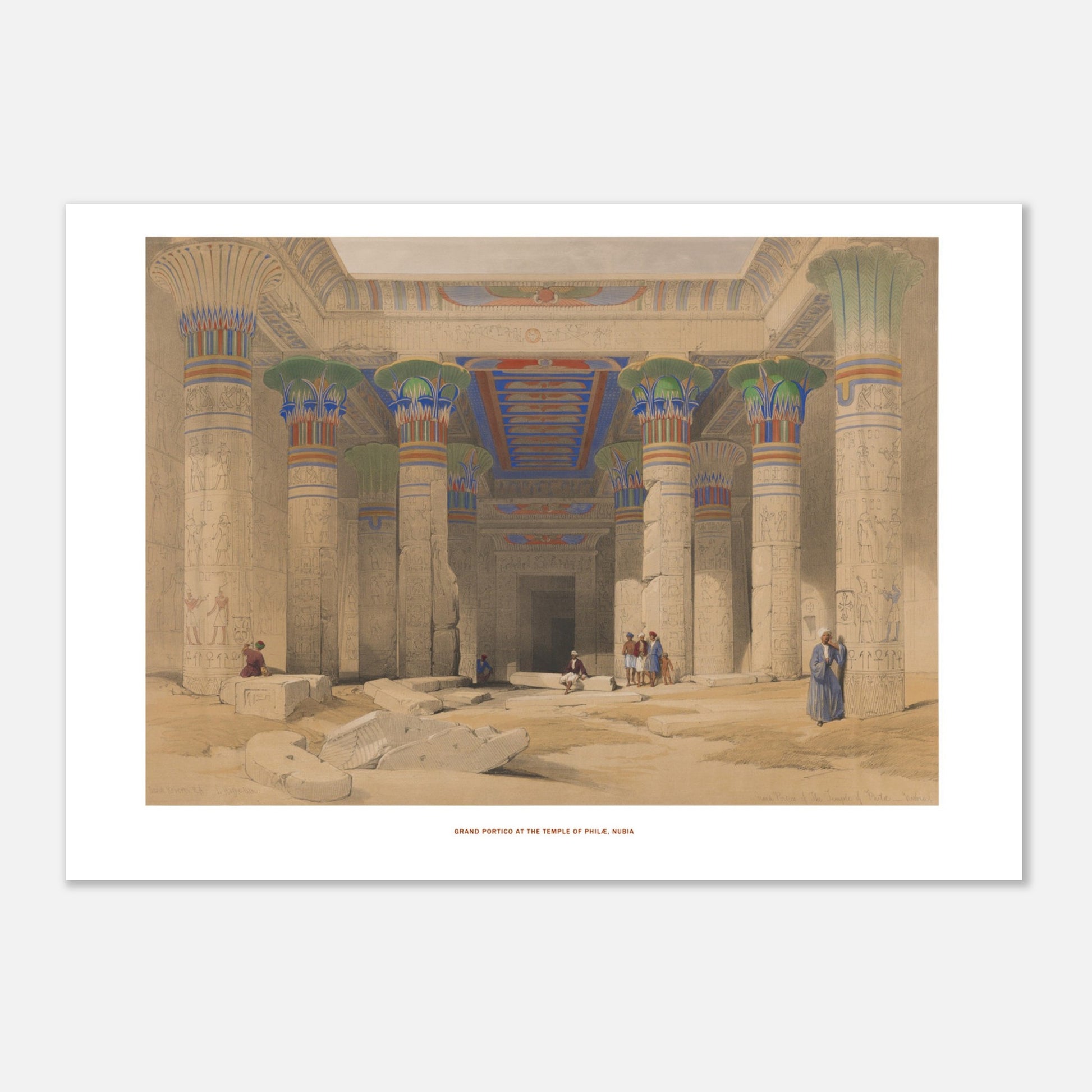 Planche du Grand portique du temple de Phil&aelig;, Nubie - David Roberts (21x29,7 cm (A4)). Lithographie de David Roberts représentant le grand portique du temple de Philæ en Nubie, avec ses colonnes ornées de hiéroglyphes et de figures humaines.