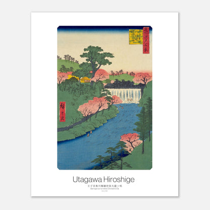 Planche ukiyo-e - Barrage sur la rivière Otonashi à Ōji - Hiroshige (40x50 cm). Gravure ukiyo-e de Hiroshige représentant le barrage sur la rivière Otonashi à Ōji, avec des cerisiers en fleurs, des arbres verts et une cascade.