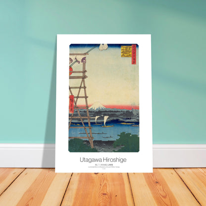 Planche ukiyo-e : Le temple Eko-in et le pont Moto-Yanagi par Hiroshige. Estampe ukiyo-e de Hiroshige représentant le temple Ekō-in et le pont Moto-Yanagi, avec des bateaux sur une rivière bleue et le mont Fuji au loin. Image d'illustration 4