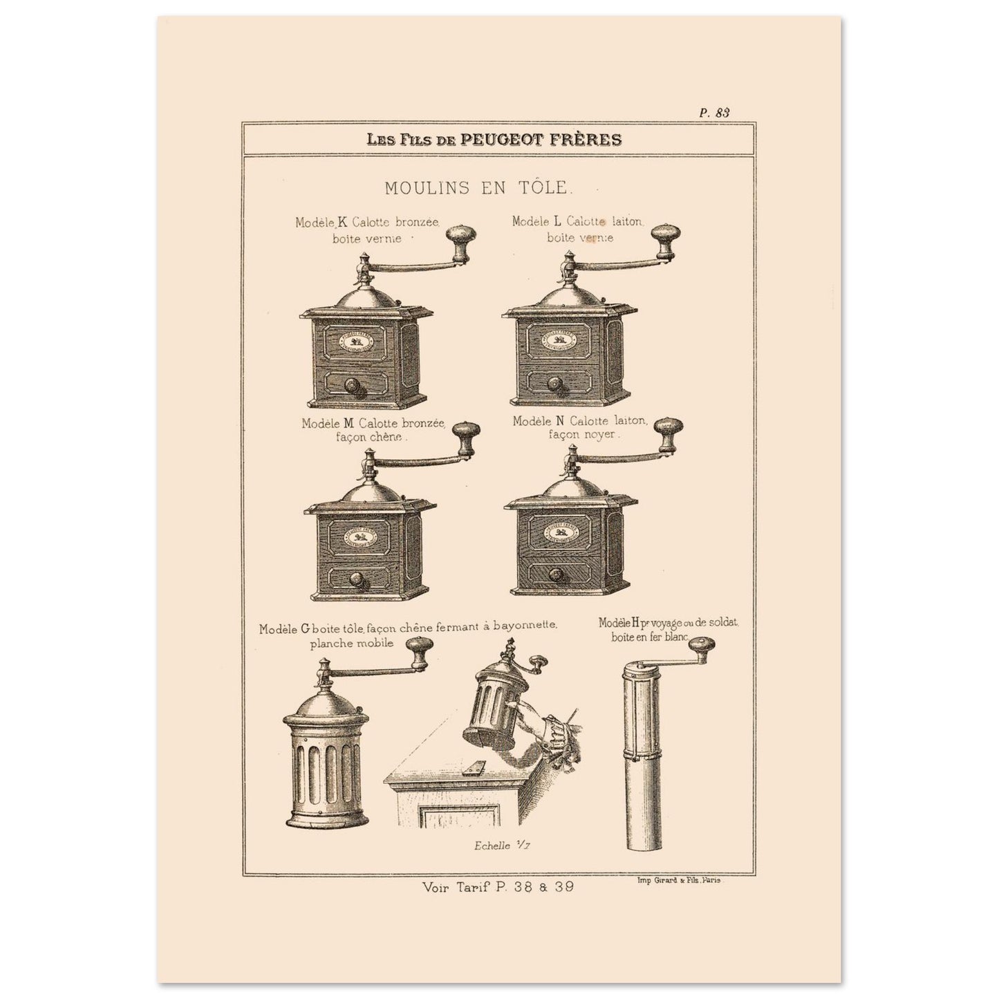 Planche de moulins à café en tôle - Catalogue Peugeot Frères 1885 (21x29,7 cm (A4)). Gravure montrant plusieurs modèles de moulins à café en métal, de différentes tailles et finitions, datant du 19ème siècle.