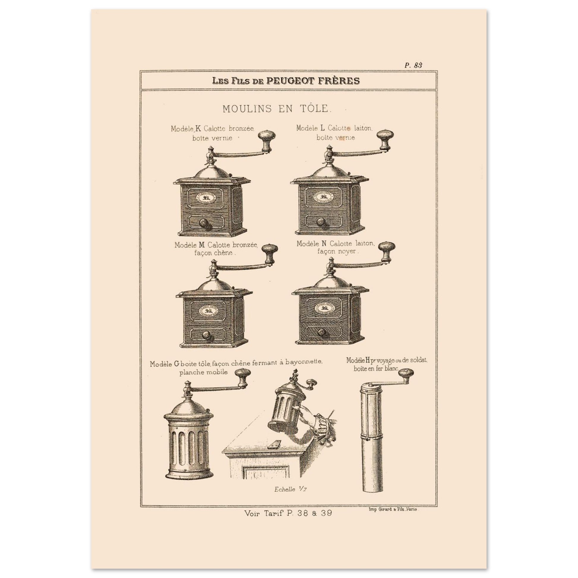 Planche de moulins à café en tôle - Catalogue Peugeot Frères 1885 (21x29,7 cm (A4)). Gravure montrant plusieurs modèles de moulins à café en métal, de différentes tailles et finitions, datant du 19ème siècle.