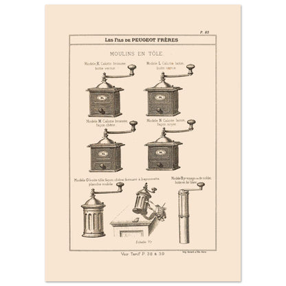 Planche de moulins à café en tôle - Catalogue Peugeot Frères 1885 (21x29,7 cm (A4)). Gravure montrant plusieurs modèles de moulins à café en métal, de différentes tailles et finitions, datant du 19ème siècle.
