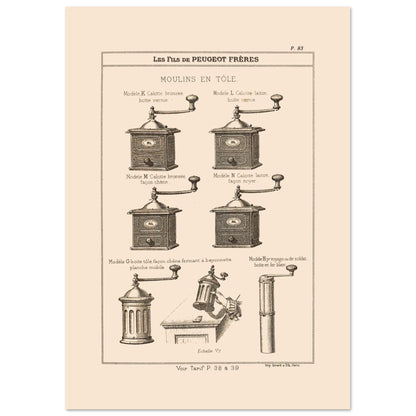 Planche de moulins à café en tôle - Catalogue Peugeot Frères 1885 (29,7x42 cm (A3)). Gravure montrant plusieurs modèles de moulins à café en métal, de différentes tailles et finitions, datant du 19ème siècle.