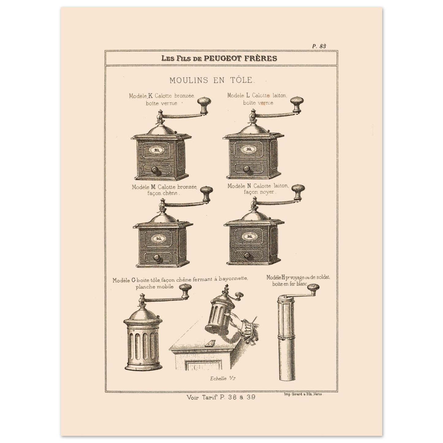 Planche de moulins à café en tôle - Catalogue Peugeot Frères 1885 (30x40 cm). Gravure montrant plusieurs modèles de moulins à café en métal, de différentes tailles et finitions, datant du 19ème siècle.