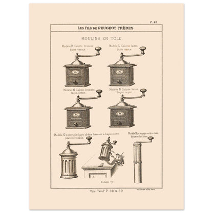 Planche de moulins à café en tôle - Catalogue Peugeot Frères 1885 (30x40 cm). Gravure montrant plusieurs modèles de moulins à café en métal, de différentes tailles et finitions, datant du 19ème siècle.