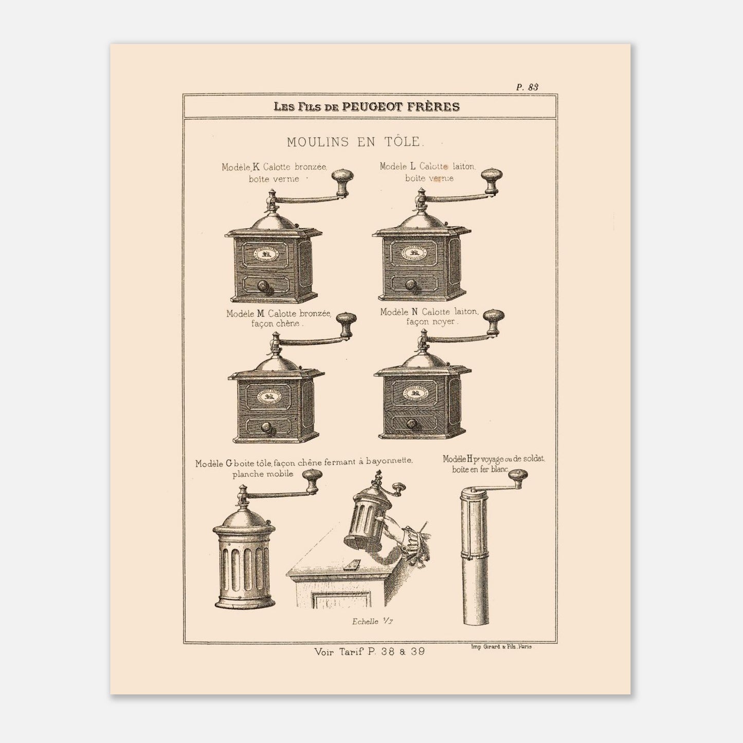 Planche de moulins à café en tôle - Catalogue Peugeot Frères 1885. Gravure montrant plusieurs modèles de moulins à café en métal, de différentes tailles et finitions, datant du 19ème siècle. Image d'illustration 4