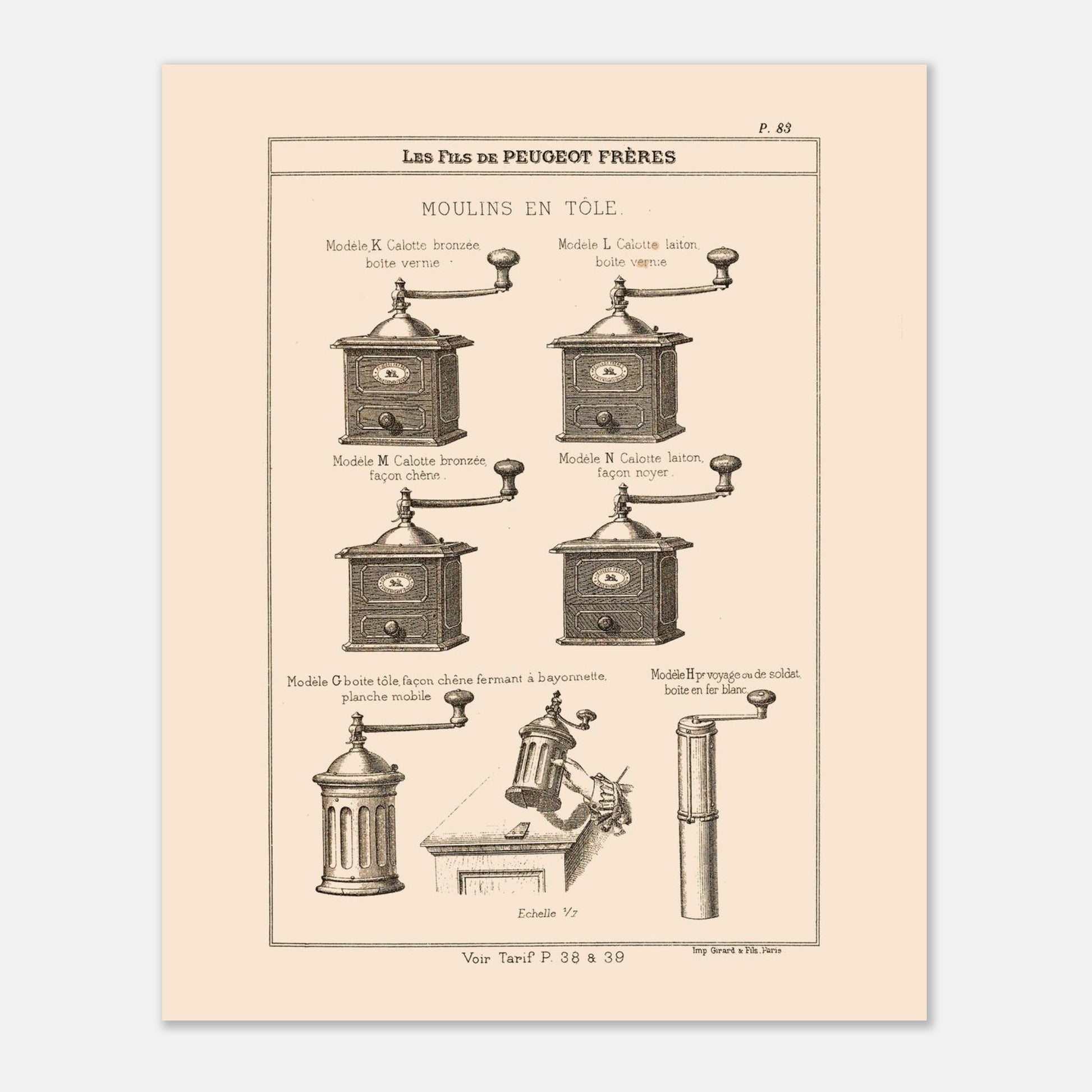 Planche de moulins à café en tôle - Catalogue Peugeot Frères 1885. Gravure montrant plusieurs modèles de moulins à café en métal, de différentes tailles et finitions, datant du 19ème siècle. Image d'illustration 4