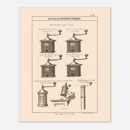 Planche de moulins à café en tôle - Catalogue Peugeot Frères 1885. Gravure montrant plusieurs modèles de moulins à café en métal, de différentes tailles et finitions, datant du 19ème siècle. Image d'illustration 4