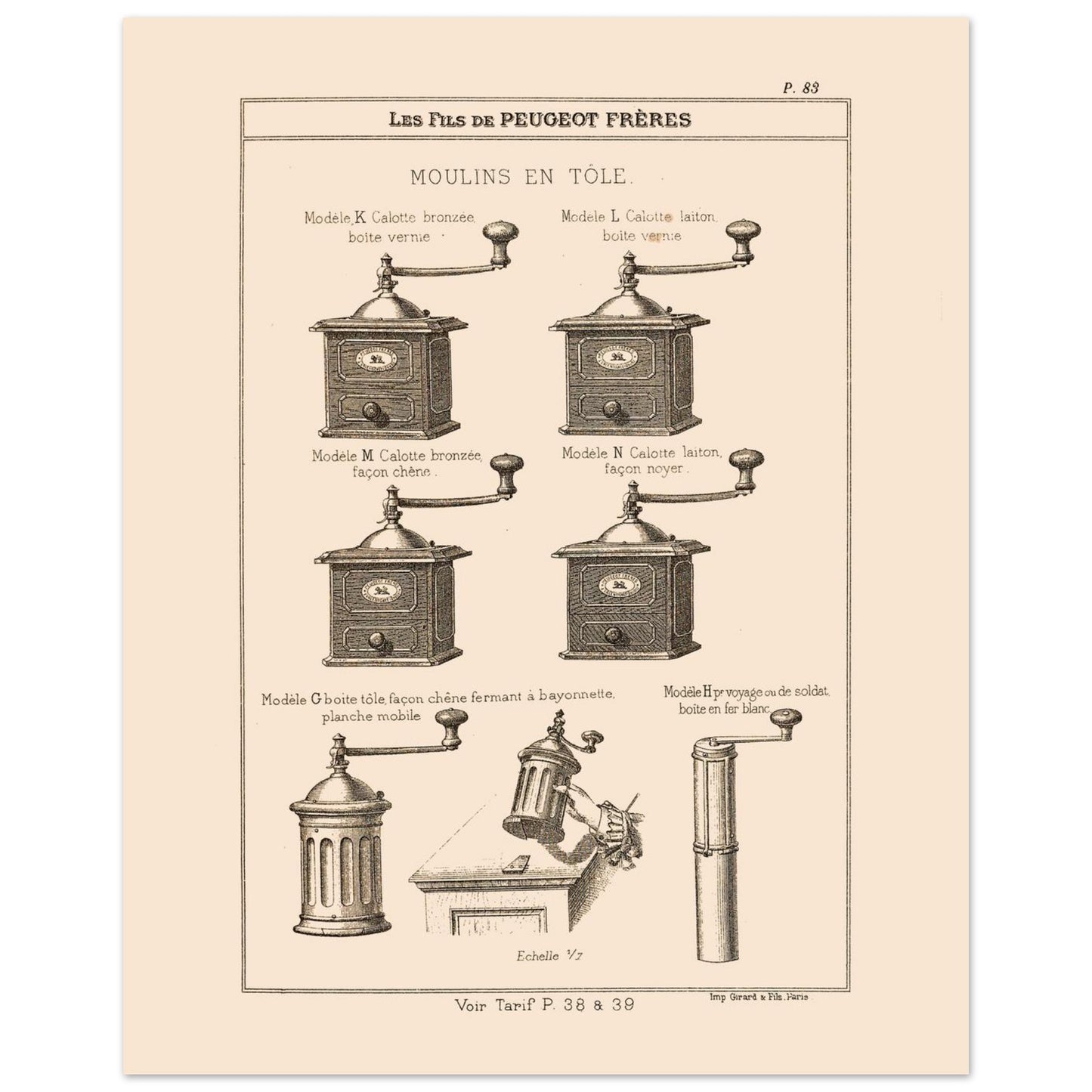 Planche de moulins à café en tôle - Catalogue Peugeot Frères 1885 (40x50 cm). Gravure montrant plusieurs modèles de moulins à café en métal, de différentes tailles et finitions, datant du 19ème siècle.