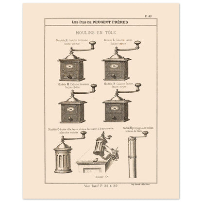 Planche de moulins à café en tôle - Catalogue Peugeot Frères 1885 (40x50 cm). Gravure montrant plusieurs modèles de moulins à café en métal, de différentes tailles et finitions, datant du 19ème siècle.