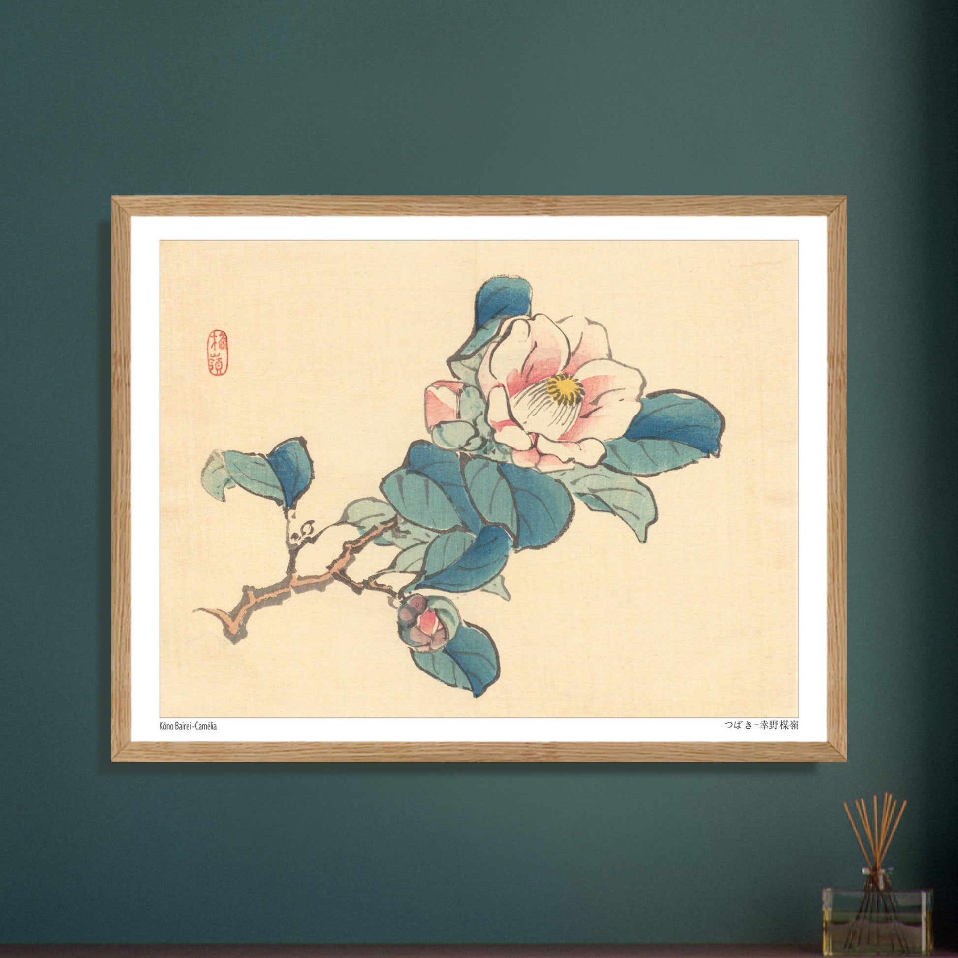 Planche naturaliste Camélia de Kōno Bairei. Illustration d'une branche de camélia rose et blanc avec des feuilles vertes et des bourgeons, typique de l'art japonais naturaliste. Image d'illustration 5