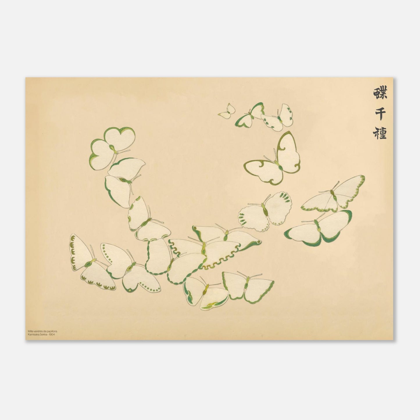 Planche de papillons aux ailes vertes stylisées - Kamisaka Sekka (50x70 cm). Reproduction d'une gravure japonaise montrant une collection de papillons aux ailes vertes stylisées, sur fond beige.