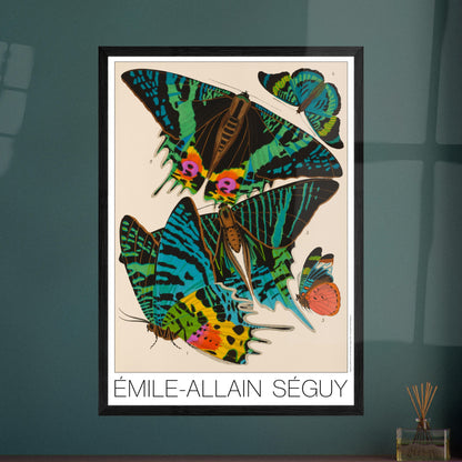 Planche de papillons Art déco par Émile-Allain Séguy. Cette affiche Art Déco présente une composition de cinq papillons aux ailes aux motifs complexes et aux couleurs vives. Image d'illustration 7