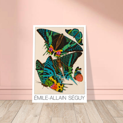 Planche de papillons Art déco par Émile-Allain Séguy. Cette affiche Art Déco présente une composition de cinq papillons aux ailes aux motifs complexes et aux couleurs vives. Image d'illustration 8