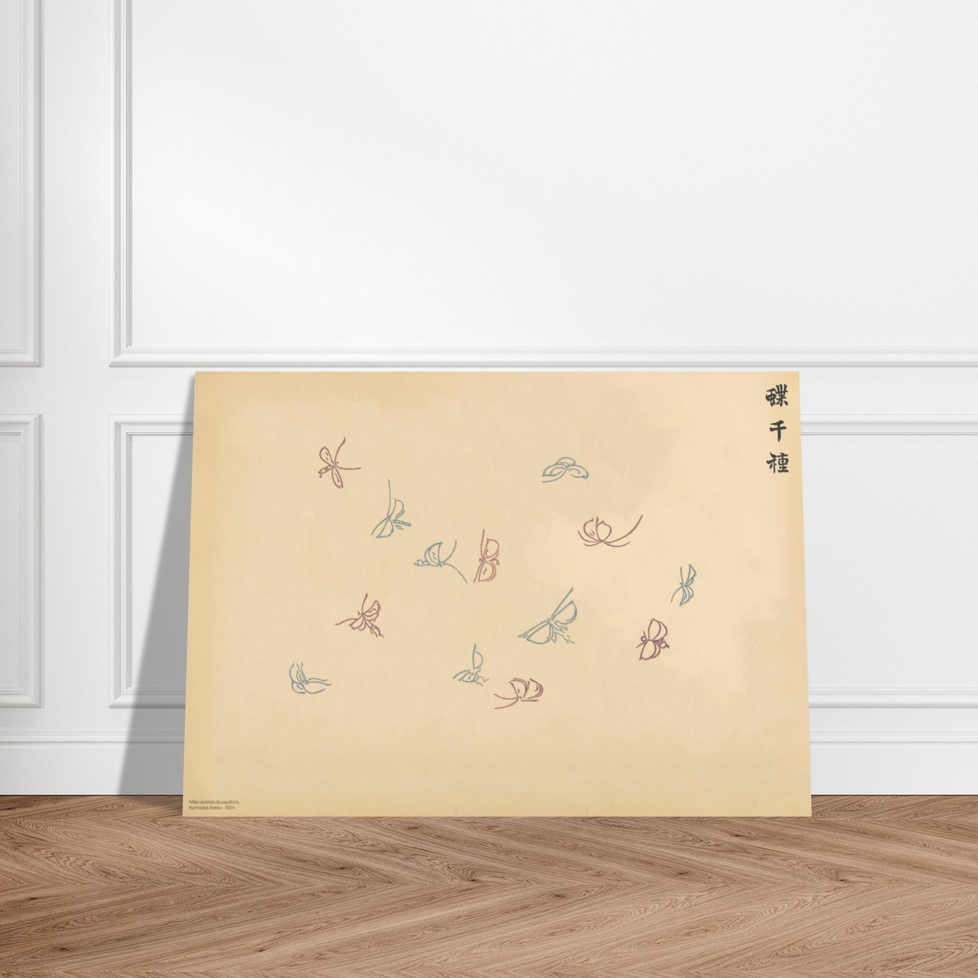 Planche de papillons bleu pastel et rose – Kamisaka Sekka. Illustration sur fond beige de papillons aux traits fins dans des tons de bleu pastel et de rose, disposés de manière aérienne, avec une calligraphie noire. Image d'illustration 3