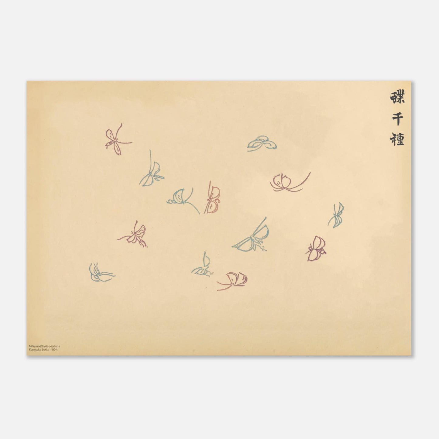 Planche de papillons bleu pastel et rose – Kamisaka Sekka (50x70 cm). Illustration sur fond beige de papillons aux traits fins dans des tons de bleu pastel et de rose, disposés de manière aérienne, avec une calligraphie noire.
