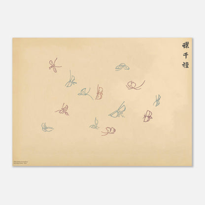 Planche de papillons bleu pastel et rose – Kamisaka Sekka (50x70 cm). Illustration sur fond beige de papillons aux traits fins dans des tons de bleu pastel et de rose, disposés de manière aérienne, avec une calligraphie noire.