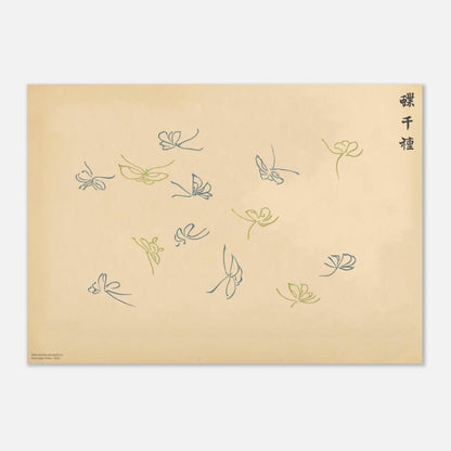 Planche de papillons stylisés bleus et vert tilleul - Kamisaka Sekka (42x59,4 cm (A2)). Illustration japonaise minimaliste montrant plusieurs papillons stylisés aux couleurs bleu et vert tilleul dispersés sur un fond beige.