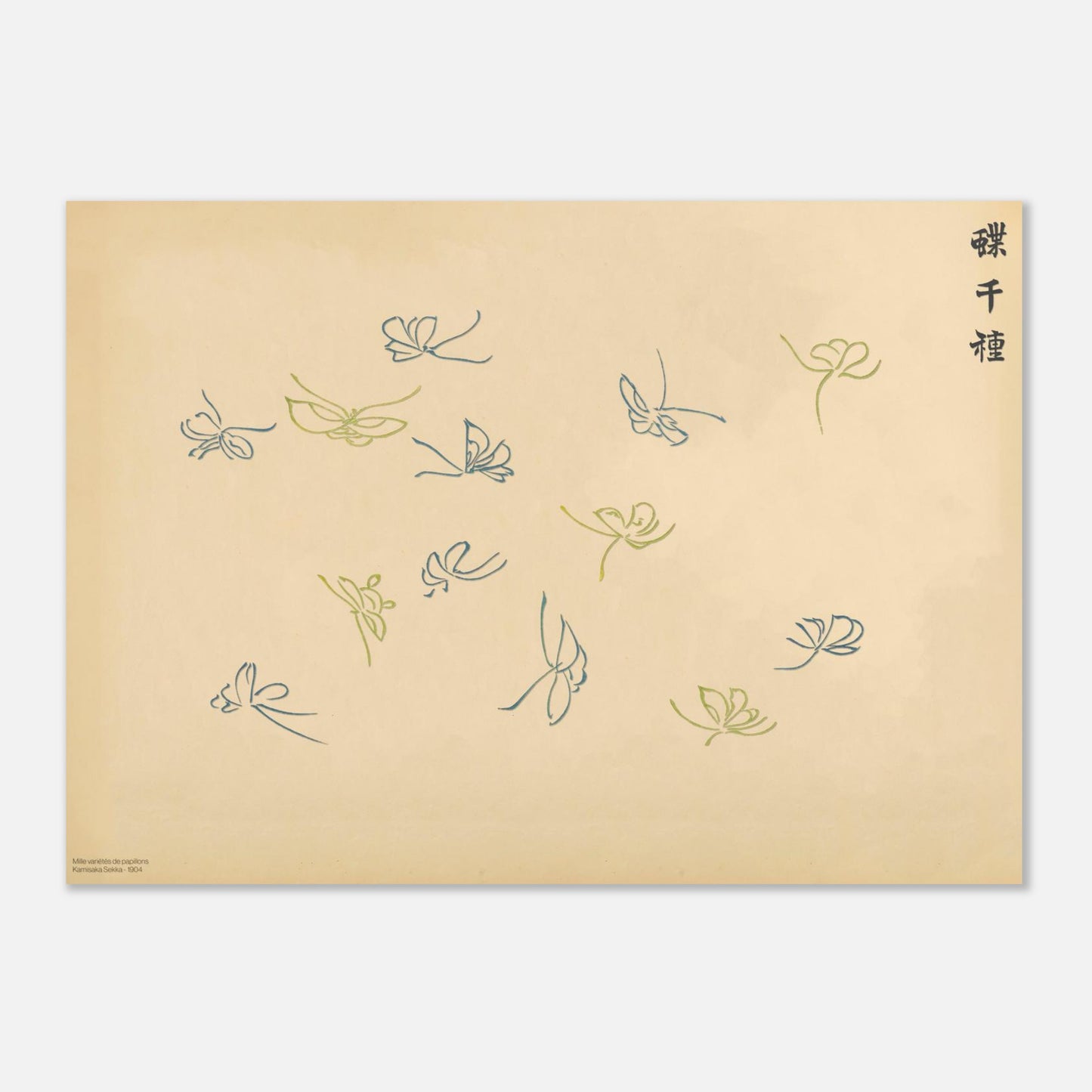 Planche de papillons stylisés bleus et vert tilleul - Kamisaka Sekka (50x70 cm). Illustration japonaise minimaliste montrant plusieurs papillons stylisés aux couleurs bleu et vert tilleul dispersés sur un fond beige.