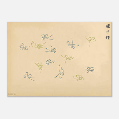 Planche de papillons stylisés bleus et vert tilleul - Kamisaka Sekka (50x70 cm). Illustration japonaise minimaliste montrant plusieurs papillons stylisés aux couleurs bleu et vert tilleul dispersés sur un fond beige.