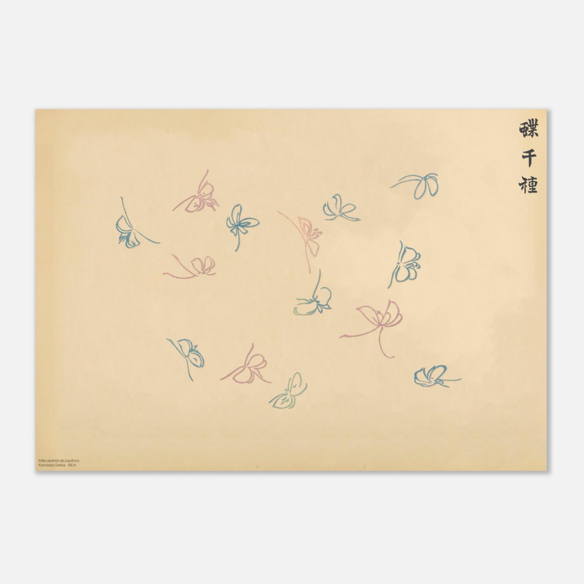 Planche de papillons en filigrane bleu et rose - Kamisaka Sekka (29,7x42 cm (A3)). Gravure de la collection Mille variétés de papillons, illustrant plusieurs papillons aux ailes bleues et roses dessinées en filigrane sur un fond beige.