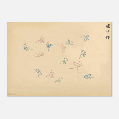 Planche de papillons en filigrane bleu et rose - Kamisaka Sekka (29,7x42 cm (A3)). Gravure de la collection Mille variétés de papillons, illustrant plusieurs papillons aux ailes bleues et roses dessinées en filigrane sur un fond beige.