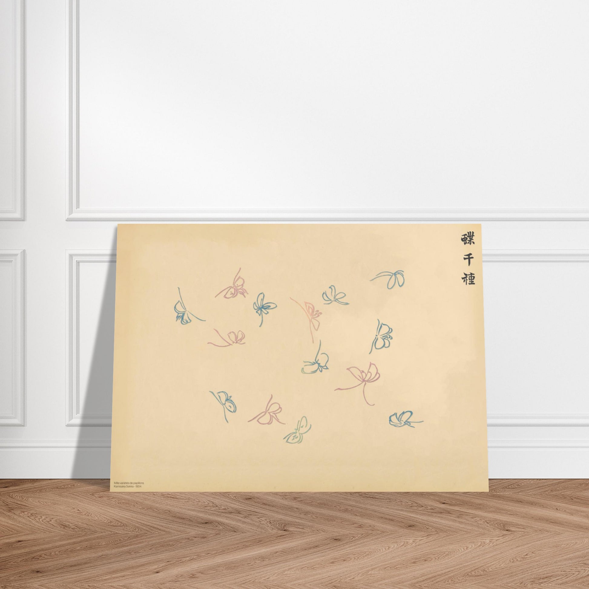 Planche de papillons en filigrane bleu et rose - Kamisaka Sekka. Gravure de la collection Mille variétés de papillons, illustrant plusieurs papillons aux ailes bleues et roses dessinées en filigrane sur un fond beige. Image d'illustration 3