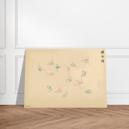Planche de papillons en filigrane bleu et rose - Kamisaka Sekka. Gravure de la collection Mille variétés de papillons, illustrant plusieurs papillons aux ailes bleues et roses dessinées en filigrane sur un fond beige. Image d'illustration 3