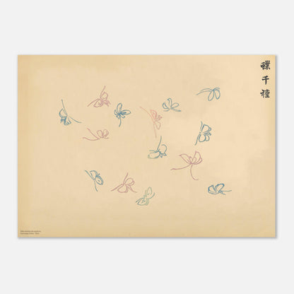 Planche de papillons en filigrane bleu et rose - Kamisaka Sekka (42x59,4 cm (A2)). Gravure de la collection Mille variétés de papillons, illustrant plusieurs papillons aux ailes bleues et roses dessinées en filigrane sur un fond beige.