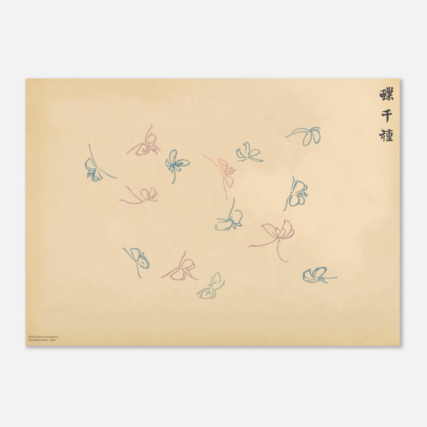 Planche de papillons en filigrane bleu et rose - Kamisaka Sekka (50x70 cm). Gravure de la collection Mille variétés de papillons, illustrant plusieurs papillons aux ailes bleues et roses dessinées en filigrane sur un fond beige.