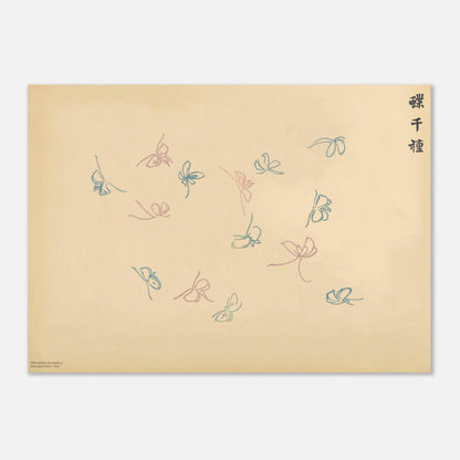 Planche de papillons en filigrane bleu et rose - Kamisaka Sekka (50x70 cm). Gravure de la collection Mille variétés de papillons, illustrant plusieurs papillons aux ailes bleues et roses dessinées en filigrane sur un fond beige.