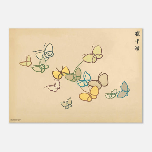 Planche naturaliste de papillons bleus et verts - Kamisaka Sekka (1903) (42x59,4 cm (A2)). Planche naturaliste de trois papillons aux couleurs vives comme le bleu et le vert, sur un fond beige.