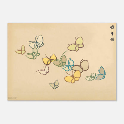 Planche naturaliste de papillons bleus et verts - Kamisaka Sekka (1903) (50x70 cm). Planche naturaliste de trois papillons aux couleurs vives comme le bleu et le vert, sur un fond beige.