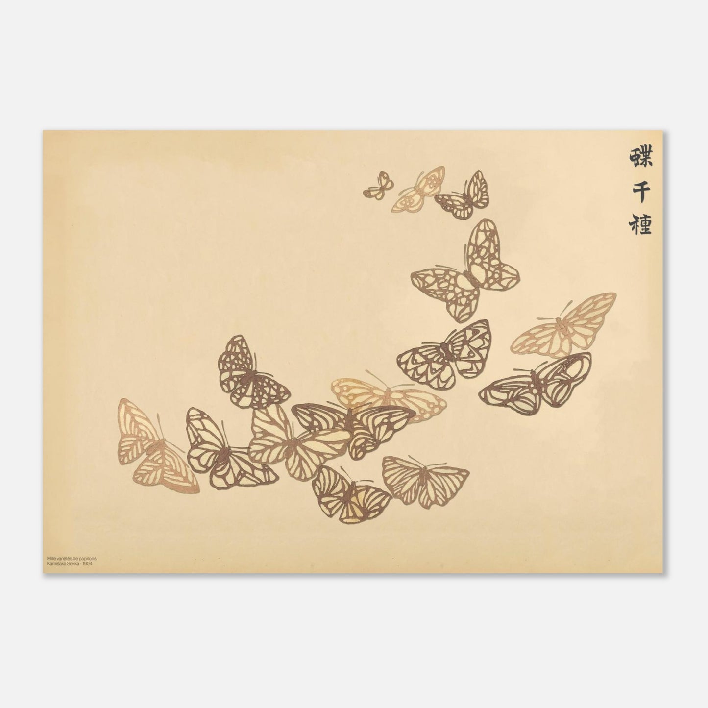 Planche de papillons bruns aux ailes nervurées, Kamisaka Sekka (50x70 cm). Reproduction d'une gravure japonaise de Kamisaka Sekka présentant une volée de papillons dans des tons de brun sur fond beige.