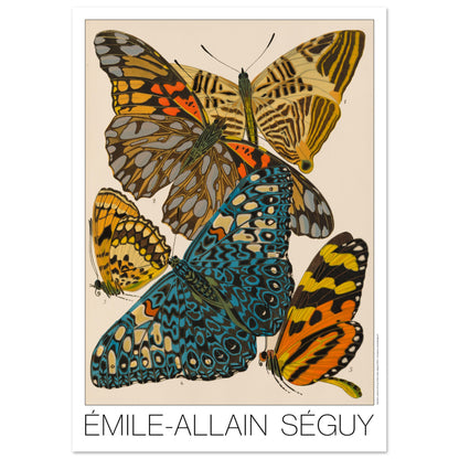 Planche naturaliste de papillons exotiques par  mile-Allain S guy (42x59,4 cm (A2)). Illustration d'Émile-Allain Séguy montrant des papillons aux ailes vives, principalement bleues, jaunes et orangées.
