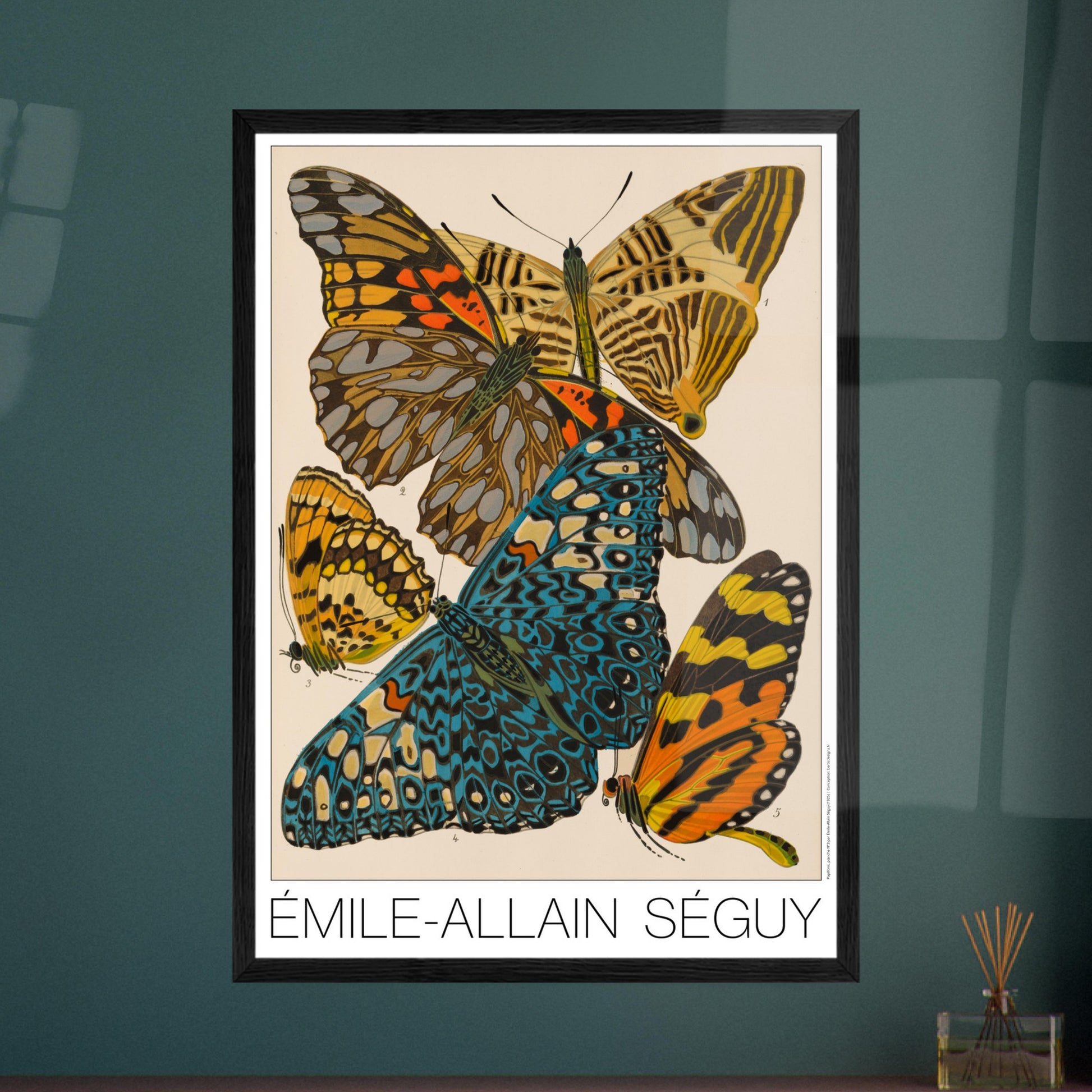 Planche naturaliste de papillons exotiques par  mile-Allain S guy. Illustration d'Émile-Allain Séguy montrant des papillons aux ailes vives, principalement bleues, jaunes et orangées. Image d'illustration 7
