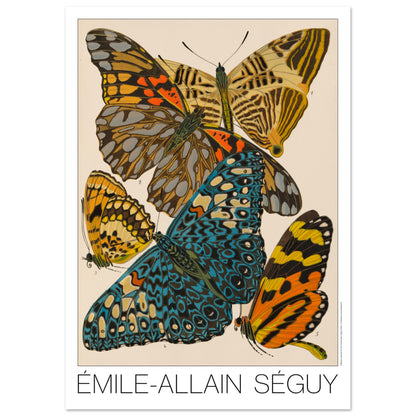 Planche naturaliste de papillons exotiques par  mile-Allain S guy (84,1x118,9 cm (A0)). Illustration d'Émile-Allain Séguy montrant des papillons aux ailes vives, principalement bleues, jaunes et orangées.