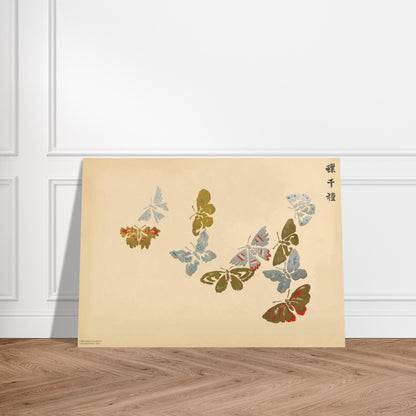 Planche de papillons aux teintes dorées et bleues, Sekka 1903. Estampe de Kamisaka Sekka présentant plusieurs papillons aux couleurs variées (doré, bleu, rouge) avec des textures riches. Image d'illustration 3