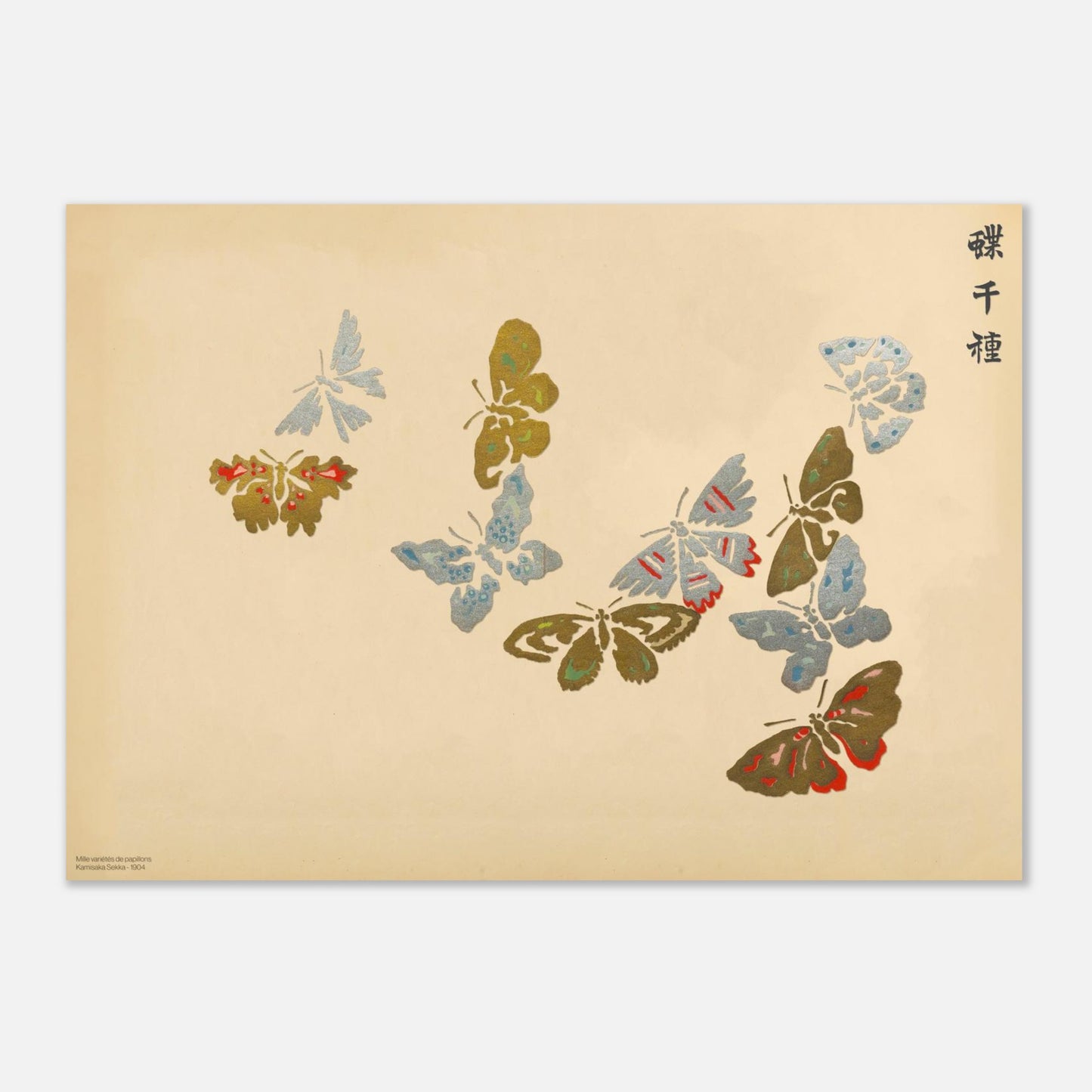 Planche de papillons aux teintes dorées et bleues, Sekka 1903 (42x59,4 cm (A2)). Estampe de Kamisaka Sekka présentant plusieurs papillons aux couleurs variées (doré, bleu, rouge) avec des textures riches.