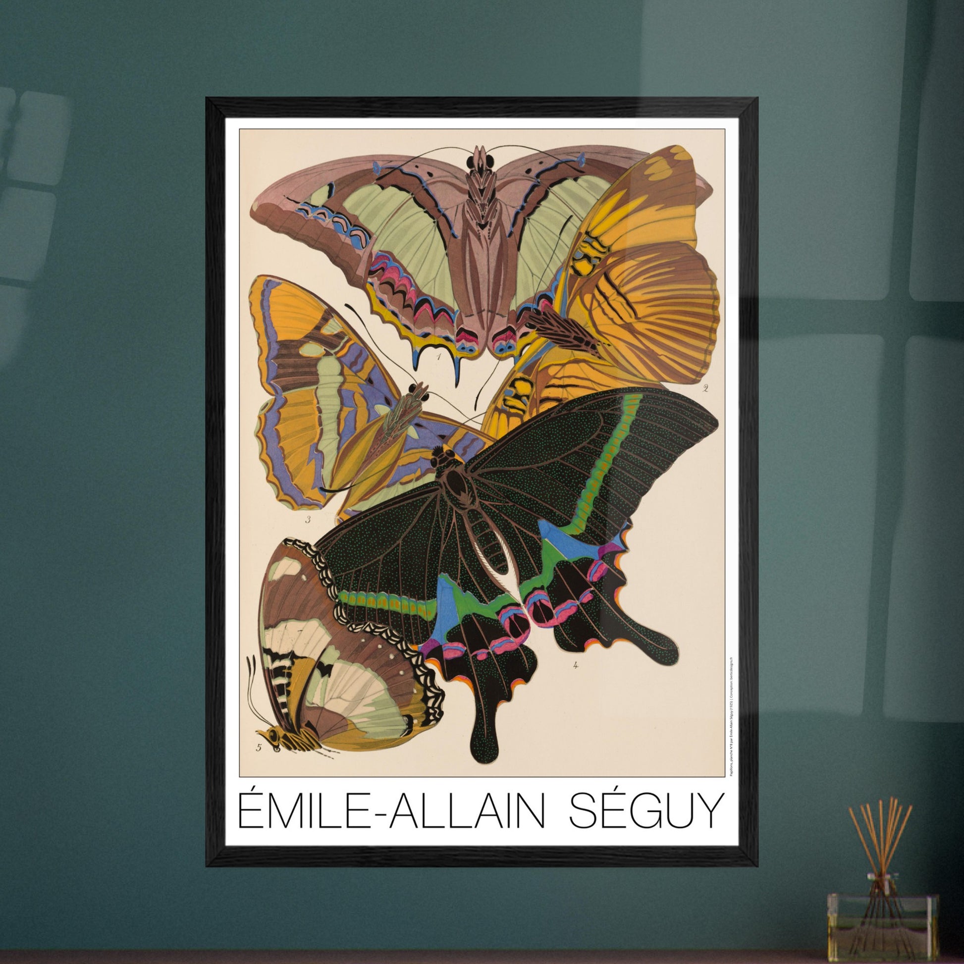 Planche de papillons exotiques (Eriboea, Papilio) par Émile-Allain Séguy. Cette affiche Art Déco présente une composition de cinq papillons aux ailes aux motifs complexes et aux couleurs vives. Image d'illustration 7