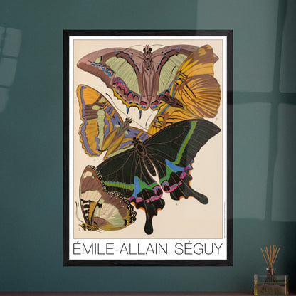 Planche de papillons exotiques (Eriboea, Papilio) par Émile-Allain Séguy. Cette affiche Art Déco présente une composition de cinq papillons aux ailes aux motifs complexes et aux couleurs vives. Image d'illustration 7