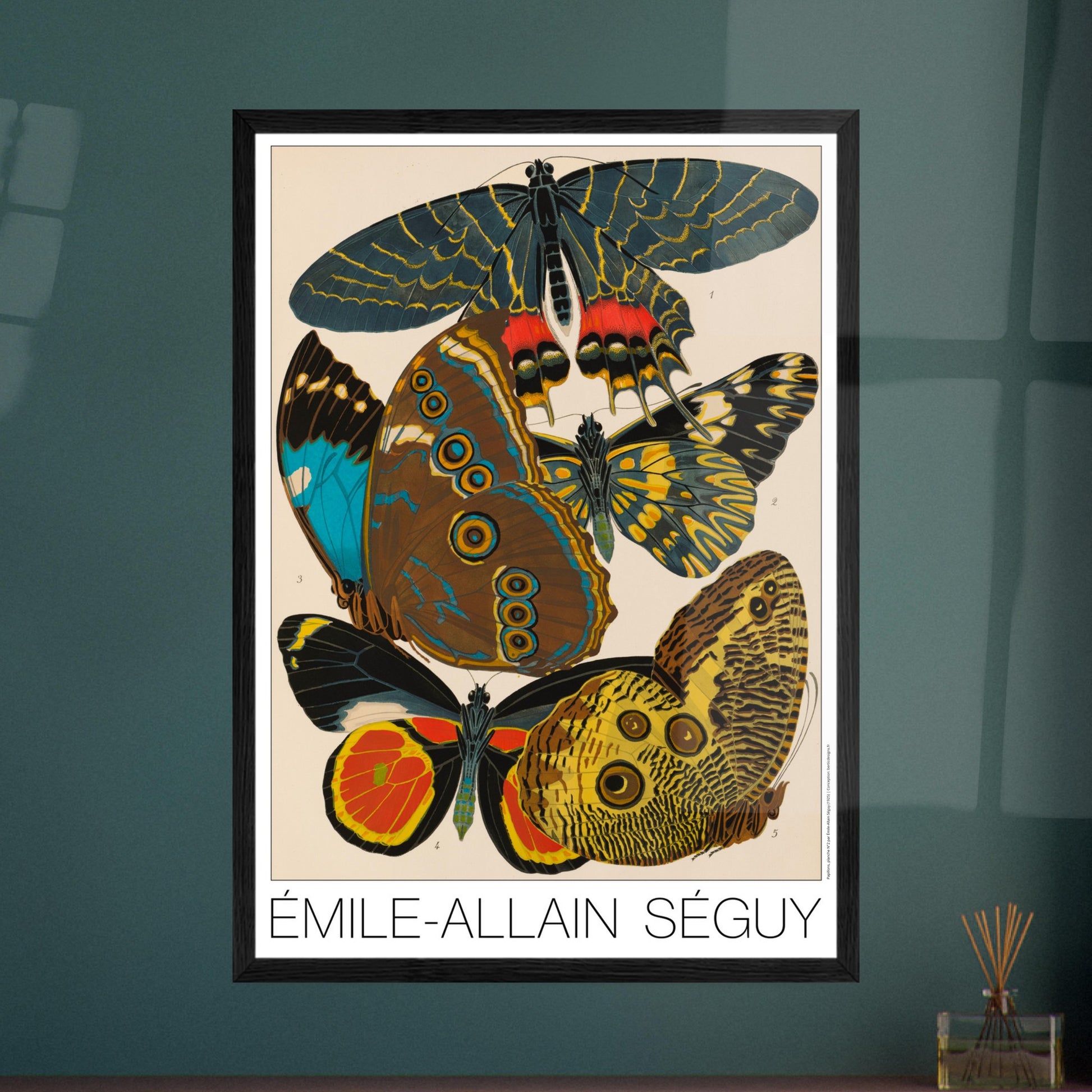 Planche de papillons exotiques (Armandia, Morpho) par Émile-Allain Séguy. Cette affiche Art Déco présente une composition de cinq papillons aux ailes aux motifs complexes et aux couleurs vives. Image d'illustration 7