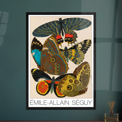 Planche de papillons exotiques (Armandia, Morpho) par Émile-Allain Séguy. Cette affiche Art Déco présente une composition de cinq papillons aux ailes aux motifs complexes et aux couleurs vives. Image d'illustration 7