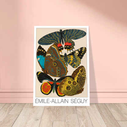 Planche de papillons exotiques (Armandia, Morpho) par Émile-Allain Séguy. Cette affiche Art Déco présente une composition de cinq papillons aux ailes aux motifs complexes et aux couleurs vives. Image d'illustration 8
