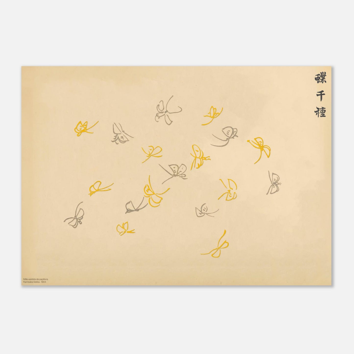 Planche de papillons stylisés jaune et gris - Kamisaka Sekka (29,7x42 cm (A3)). Gravure japonaise représentant une volée de papillons stylisés jaune et gris, aux traits légers, sur un fond crème, par Kamisaka Sekka.