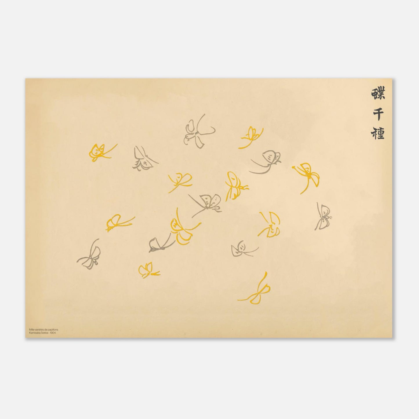 Planche de papillons stylisés jaune et gris - Kamisaka Sekka (42x59,4 cm (A2)). Gravure japonaise représentant une volée de papillons stylisés jaune et gris, aux traits légers, sur un fond crème, par Kamisaka Sekka.