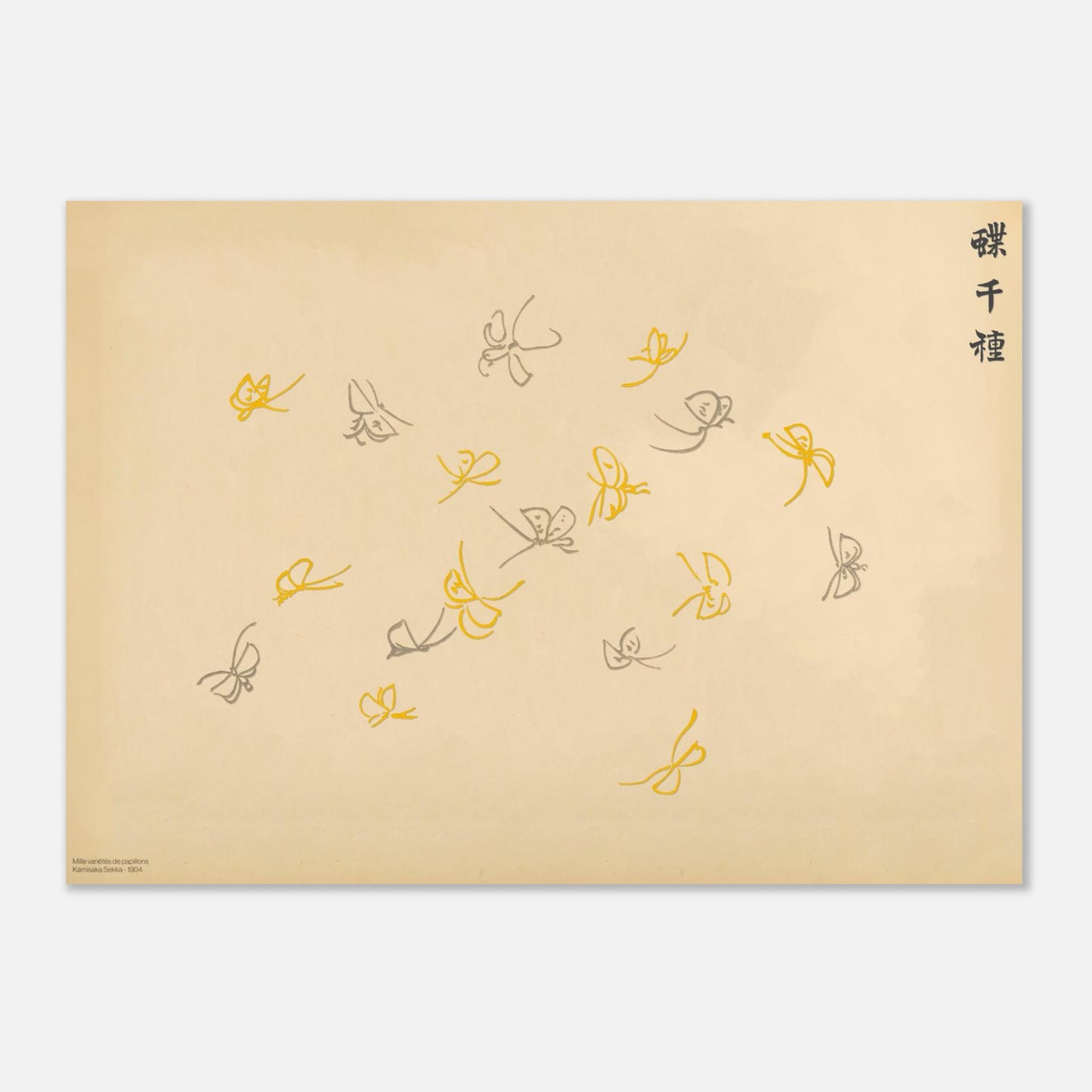 Planche de papillons stylisés jaune et gris - Kamisaka Sekka (50x70 cm). Gravure japonaise représentant une volée de papillons stylisés jaune et gris, aux traits légers, sur un fond crème, par Kamisaka Sekka.