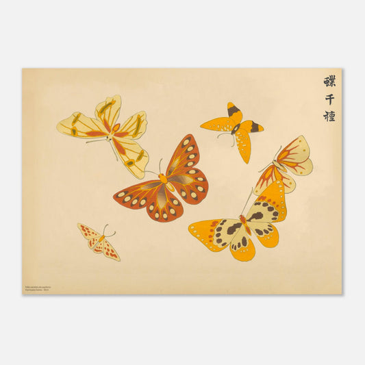 Planche de papillons jaunes et orangés - Kamisaka Sekka, Chō senshu (42x59,4 cm (A2)). Estampe de Kamisaka Sekka illustrant plusieurs papillons aux ailes jaunes et orangées sur un fond beige.