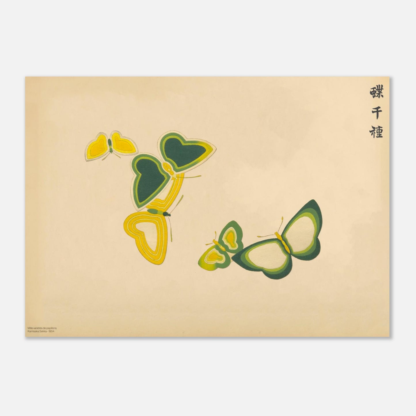 Planche de papillons aux motifs géométriques - Kamisaka Sekka (50x70 cm). Planche naturaliste de papillons aux formes géométriques et aux couleurs vives, jaune et vert, sur un fond beige.