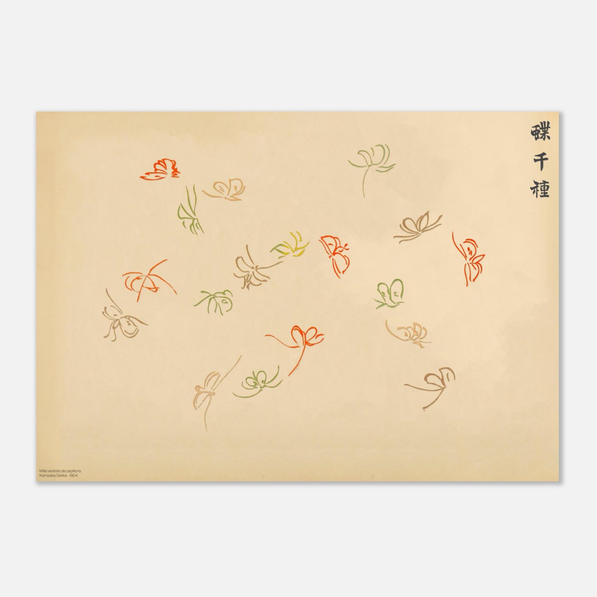 Planche de papillons rouges, verts et jaunes - Kamisaka Sekka, Chō senshu (29,7x42 cm (A3)). Illustration sur fond beige d'une composition de papillons aux traits fins dans des tons de rouge, de vert et de jaune, disposés de manière aérienne, avec une calligraphie noire.
